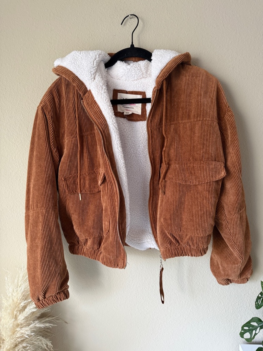 Ashley By 26 International Tan Brown Corduroy Bomber Jacket Zip Up Teddy Lining - Picture 3 of 5